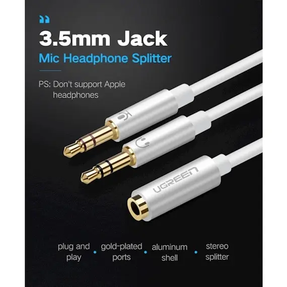 AUX კაბელი UGREEN AV140 (20897) 3.5mm Female to 2 Male Headphone Mic Audio Y Splitter Cable - White , 2 image - Primestore.ge