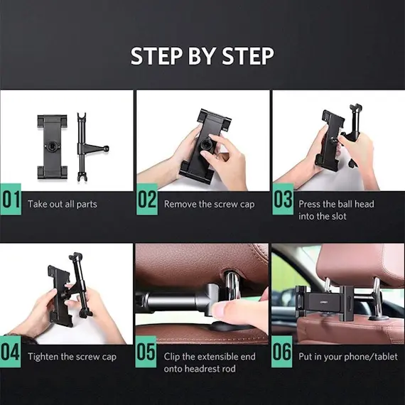 პლანშეტის დამჭერი UGREEN LP160 (60108) Car Headrest Mount Holder, Black , 7 image - Primestore.ge