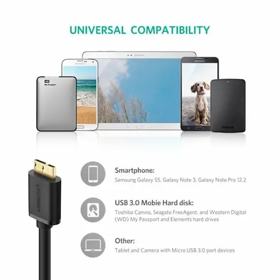 Micro USB კაბელი UGREEN US130 (10840) USB 3.0 A Male to Micro-B Male USB 3.0 Cable 0.5m (Black) , 6 image - Primestore.ge