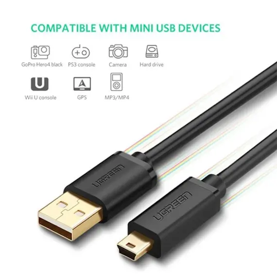 USB კაბელი UGREEN US132 (10386) USB 2.0 A Male to Mini 5 Pin Male Cable 3m (Black) , 2 image - Primestore.ge