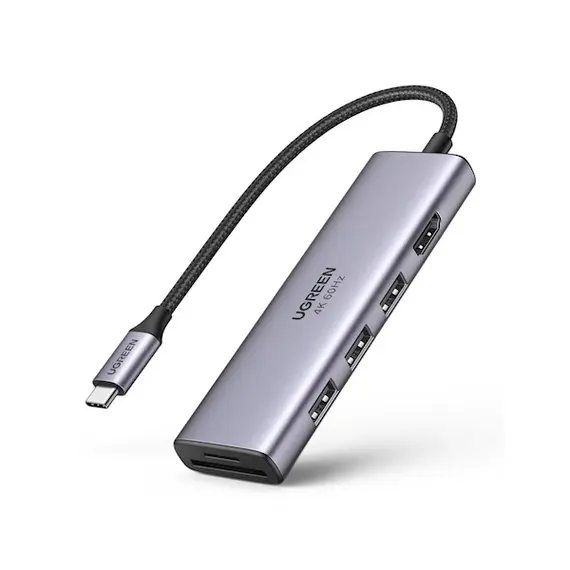 USB-C ჰაბი UGREEN CM511 (60384), 5-in-1 Adapter, USB-C Hub to 3xUSB3.0, HDMI, TF/SD, Gray  - Primestore.ge
