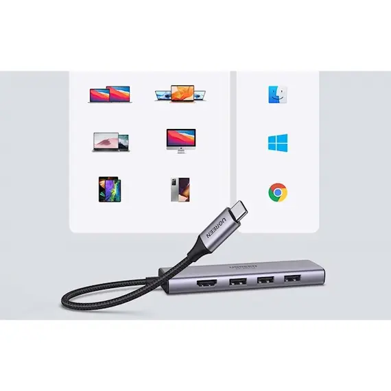 USB-C ჰაბი UGREEN CM511 (60384), 5-in-1 Adapter, USB-C Hub to 3xUSB3.0, HDMI, TF/SD, Gray , 3 image - Primestore.ge