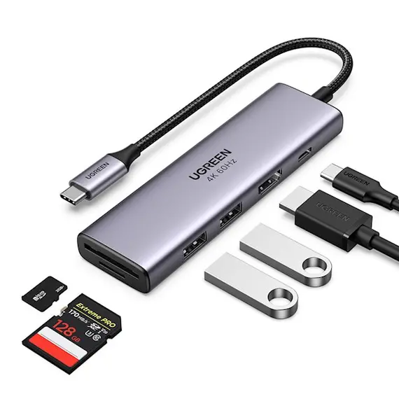USB-C ჰაბი UGREEN CM511 (60384), 5-in-1 Adapter, USB-C Hub to 3xUSB3.0, HDMI, TF/SD, Gray , 5 image - Primestore.ge